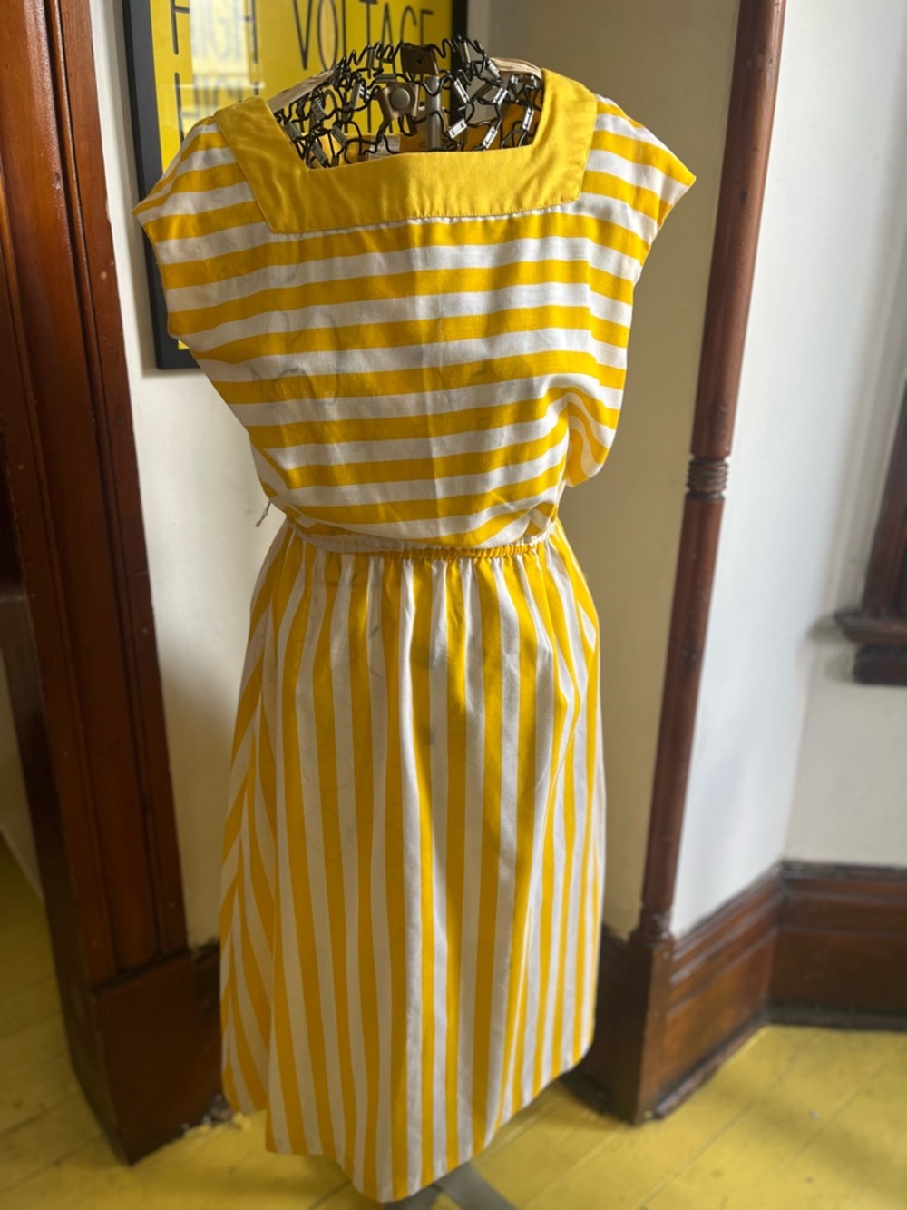 Vintage 80s Yellow & White Striped Women's Summer Dress